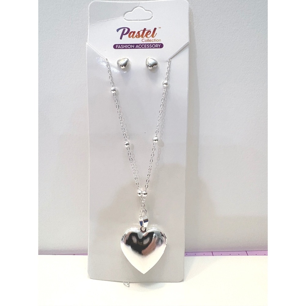 Pastel Collection Silver Tone Heart Locket Necklace and Stud Earring Jewelry Set